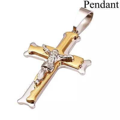 Hip Hop Gold Filled Men Chain Cross Necklace Jesus Pendant Stainless Steel • £6.13