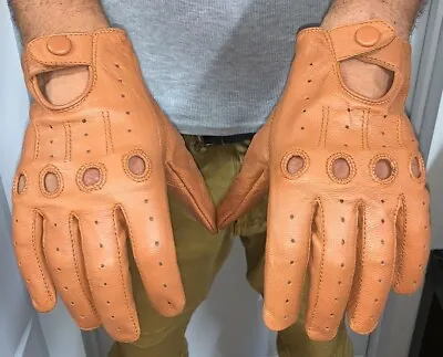 Men's Genuine Leather Driving Gloves With Knuckle Holes TAN BROWN • $14.99