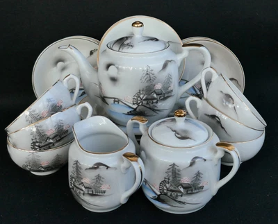 £39 • Buy Japanese Kutani Geisha Lithophane Complete 6-person Eggshell Teaset Watermill