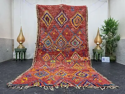 Moroccan Handmade Vintage Rug 5'2 X10'1  Berber Geometric Faded Maroon Red Rug  • $780