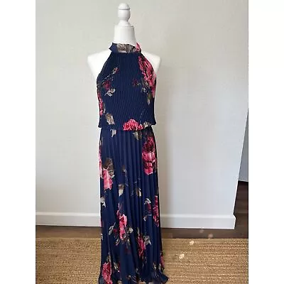 Meghan Los Angeles Pleated Floral Navy Blue Formal Maxi Dress Size Medium • $52
