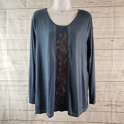 Monoreno Womens Long Sleeve Top Sz Medium Blue Green Embroidered Floral • $20.69