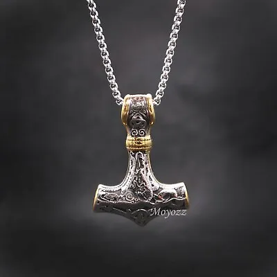 Mens Stainless Steel Norse Viking Thors Gold Hammer Mjolnir Pendant Necklace • $10.99