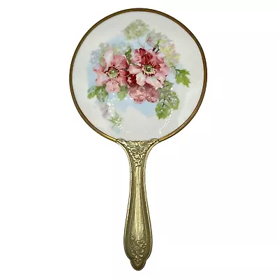 Antique Brass Repousse Hand Mirror With Porcelain Painted Floral Red Poppy Back • $55