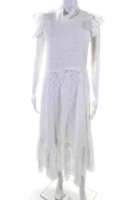 Sea Womens Cotton Floral Lace Smocked Back Zipped Ruffle Maxi Dress White Size 8 • $115.89