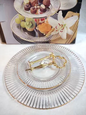 Vintage Mikasa 2 Tier Server Ribbed Glass Tray Diamond Fire Gold Edged NEW • $29.95