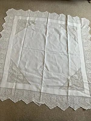 Vintage Linen And Crochet Lace Edged Tablecloth 44 X 44 Inches • £15