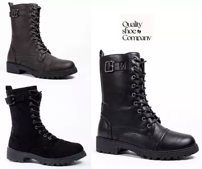 Ladies Womens Flat Low Heel Lace Up Zip Combat Army Military Ankle Boots Size Uk • £24.99