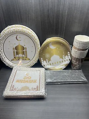 Eid Mubarak Disposable Dinner Set For 16 - Plates Cups Napkins Straws - White • $19.99