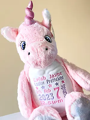 Personalised Large Plush Unicorn Teddy Bear Baby Birth Details Memory Gift • £16.75