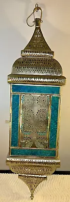 £32 • Buy Hanging Lamp Lantern Metal & Blue Glass Tea Light Candle 66cm Tall 17cm Square