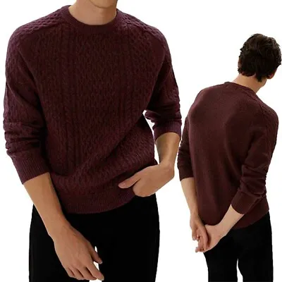 M&S Mens Jumpers Crew Neck Ribbed Soft Regular Fit Cable Wool Sweatshirt Maroon • £13.99