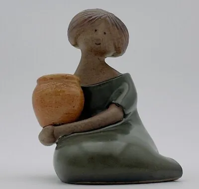 Vintage Girl Holding Flower Pot Figure UCTCI Stoneware Speckled Japan 4.5” • $18