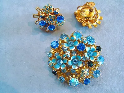 Vintage West Germany & Austria Blue Rhinestone Enamel Pin Brooch & Earrings Set • $59.99