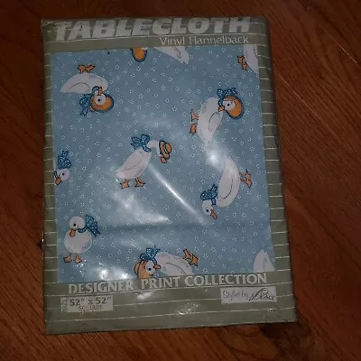  Vintage Vinyl Flannelback Tablecloth 52x52 80s Blue Bow Goose • $24.99