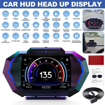 OBD2 GPS HUD Gauge Car Digital Head Up Display Speedometer Turbo RPM Alarm Temp • £36.09