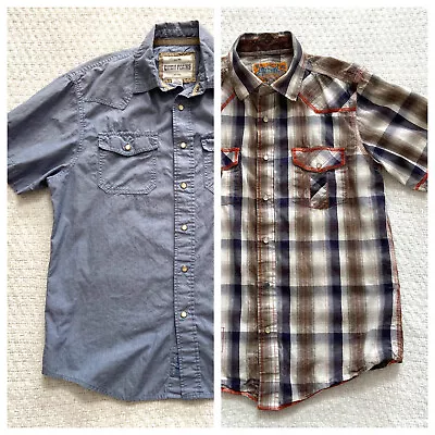 Lot 2 Western Shirt Mens M Pearl Snap Blue Short Sleeve Plaid Modern Style Fit • $16.99