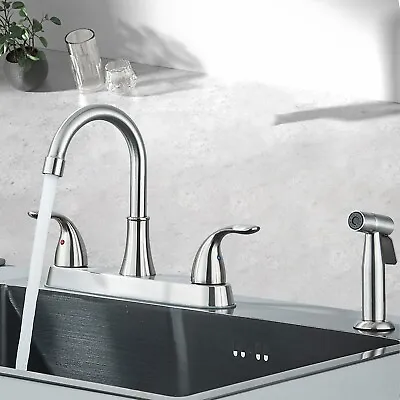 Kitchen Sink Faucet With Pull-Out Side Sprayer 2-Handle High Arc 4-Hole Nickel • $45