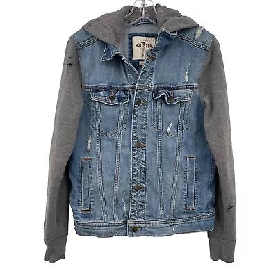 Hollister Denim Distressed Hooded Jean Jacket Men's Small Stretch Hoodie • $20