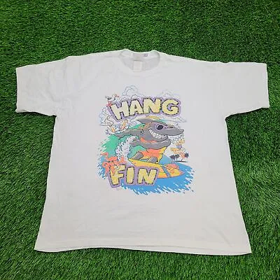 Vintage 1992 Hang-Fin Shark Surfer Shirt XL-Short 23x27 White Paper-Thin Aquatic • $59.04
