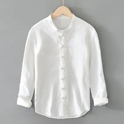 Men Blouse Cotton Linen Chinese Shirt Kung Fu Frog Button Mandarin Collar T Tops • $40.45