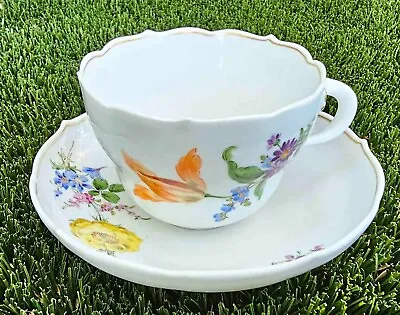Antique  Meissen Floral Flowers Tea Cup & Saucer Set Scalloped Edge Gold Trim #2 • $119.95