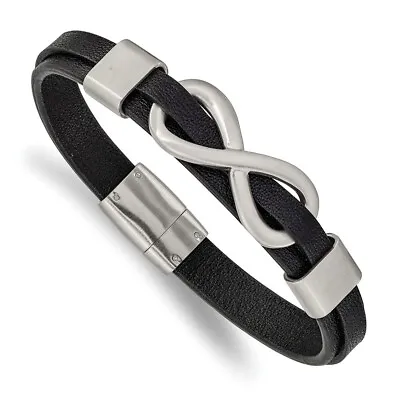 Mens Stainless Steel & Black Leather Brushed Infinity Bracelet 8 Inch • $62.98