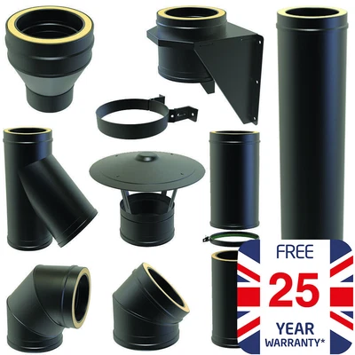 £174.99 • Buy 6inch Black Twin Wall Flue Kits For Stoves 25 Year Warranty Matt Black Pipe