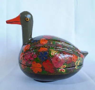 Vintage European Wood Egg Shaped Trinket Box Duck W/ Flowers Hand Painted Carved • $14.99