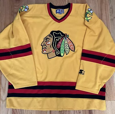 Vintage 90s Starter Yellow Chicago Blackhawks Hockey Jersey Size XXL • $125