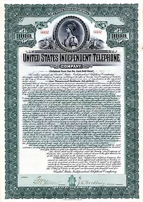 United States Independent Telephone Co. (Uncanceled) - $1000 Bond - Telephone & • $140
