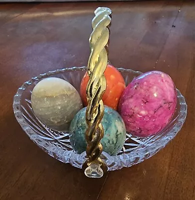 Vintage 4 Decorative Multicolor Marble Eggs In A Mikasa Glass Basket W/Handle • $49.99