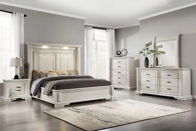 4 Pc Rustic White Wood King Bed With Lights Ns Dresser Bedroom Furniture Set • $2299