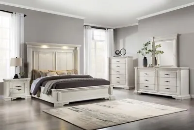 4 Pc Rustic White Wood Queen Bed With Lights Ns Dresser Bedroom Furniture Set • $2099