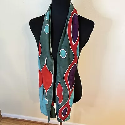 Womens Green Silk Neck Scarf Hand Painted Abstract Design Signed Art To Wear • $20.99