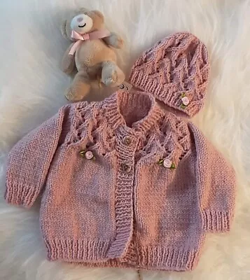 Hand Knitted Dk Baby Cardigan And Hat 3-6 Months • £9.95