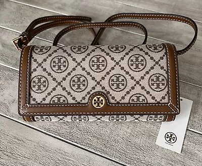 NWT Tory Burch T Monogram Jacquard Wallet Crossbody Clutch Purse Hazelnut $348 • $199.99