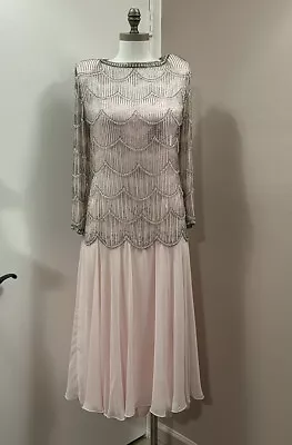 Vintage Victoria Royal Ltd Pink Beaded Lace Chiffon Dress Sz 10 • $99
