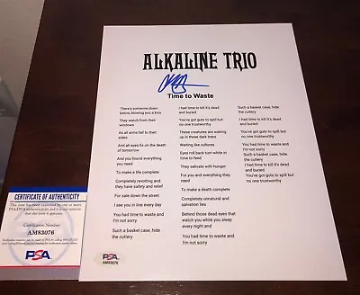 Matthew Matt Skiba Alkaline Trio Time To Waste Signed Lyric Sheet PSA A • $99.99