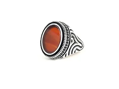 Carnelian Man's Ring Sz 11.75 Sterling Silver Black Spinel NEW Milgrain Channels • $134.10