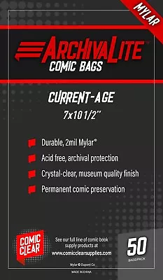 Current Age Mylar Comic Bags (50) - Comic Clear - No-seal Closure Type • $17.99