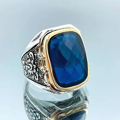 Men Simulated Blue Sapphire Ring 925 Sterling Silver Ring Turkish Handmade Ring • $70