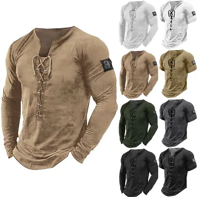 Men's Medieval Vintage Viking Pirates Tops Long Sleeve Shirt Lace Up Blouse Tee • £13.55