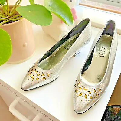 Vintage Italian Leather Silver Yellow Gemstone Pumps • $50