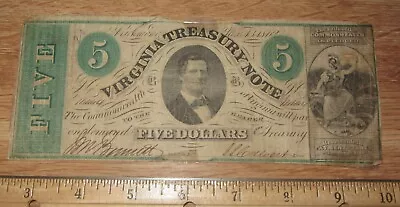 1862 $5 Virginia Treasury Note U.S. Obsolete Currency Five Dollars Bill - #14444 • $85