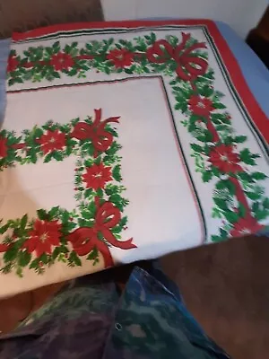 Vintage Linen Colorful Christmas Poinsettia Tablecloth 54'' / 66  So Pretty • $18