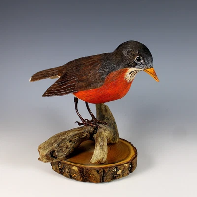 $225 • Buy Vintage Folk Art Hand Carved Wood Bird Robin With Glass Eyes Signed