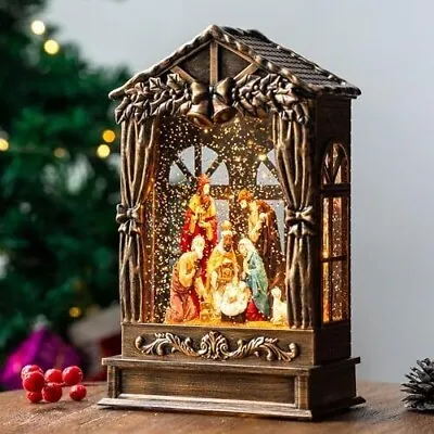 Christmas Snow Globe Lighted Manger Nativity Scene Musical Window Water Lant... • $71.40