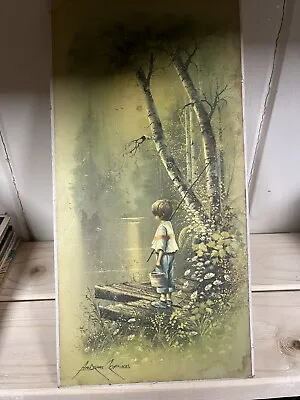 Vtg 1970s Andres Orpinas Signed Print Picture Of Boy Fishing • $14.40