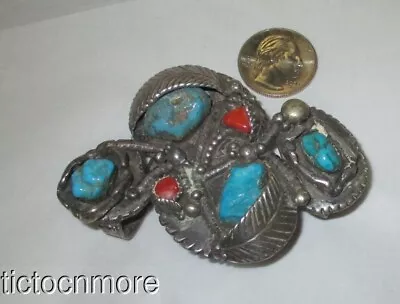 Vintage Navajo Indian Sand Cast Silver Blue Turquoise Blossom Leaf Belt Buckle • $99.99